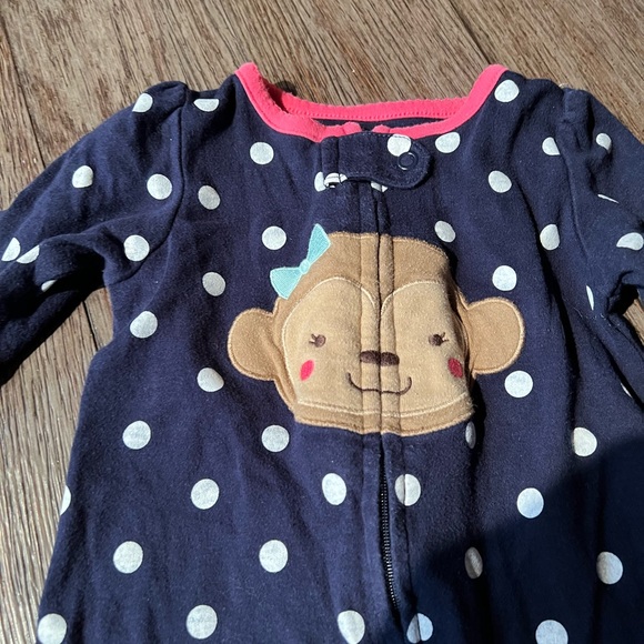 Carters Baby Girls Polka Dot Monkey 6-9 Months Zipper Front Footed Pajamas - Picture 2 of 3